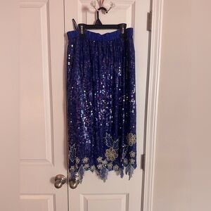 100% Silk Blue Sequin Floral Hem Midi Skirt